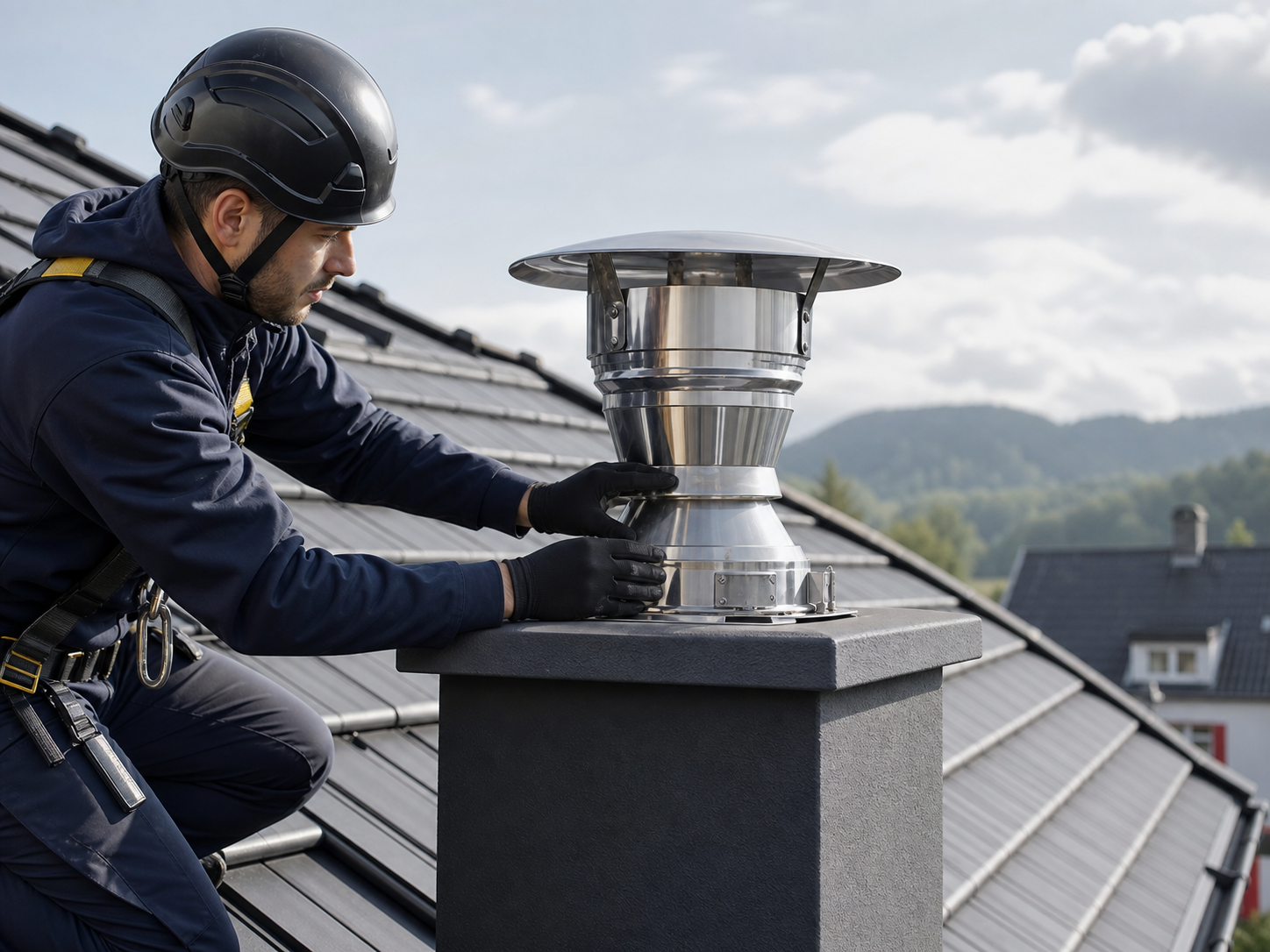 Instalator montuje stalowe zakończenie komina na dachu